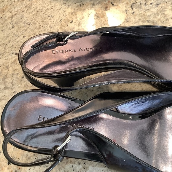 Etienne Aigner Patent Open Toe Heels Wedge Size 8 Slingback - Picture 3 of 7